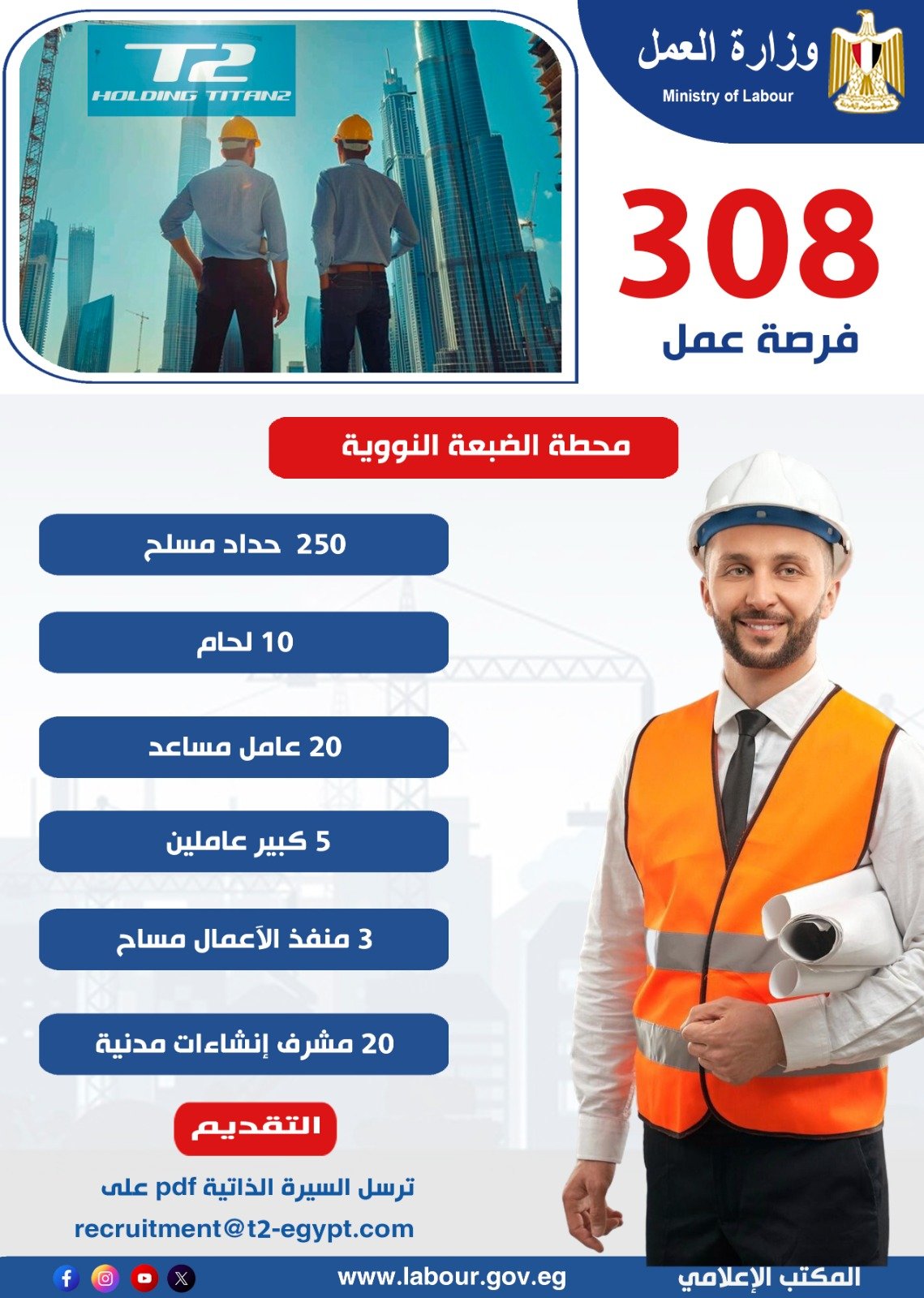 وزير العمل : 308  فرصة عمل في مشروع محطة الضبعة النووية